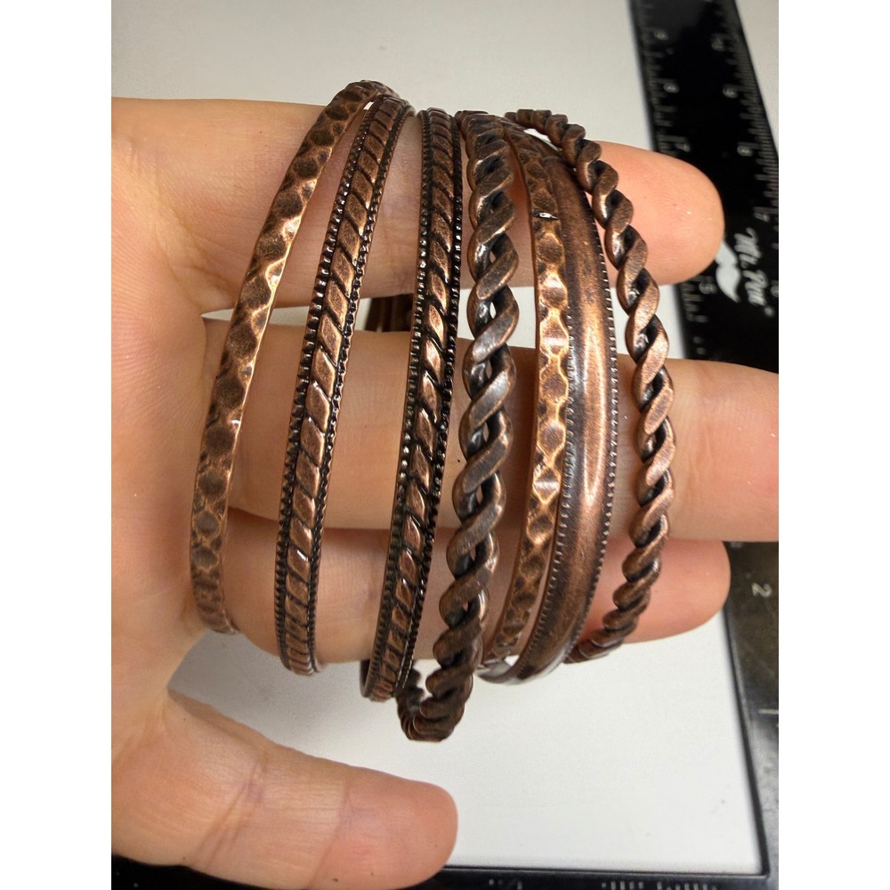 7 Piece Copper Tone Bangle Bracelet Set Hammered Twisted Textured Stackable
